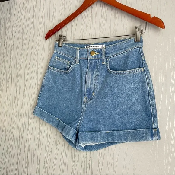 American Apparel High Rise Hi Waisted Denim Cuffed Jean Shorts Summer Wash Blue - Picture 4 of 11